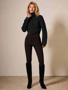 COSMINA Denim 女士纯色高领落肩长袖时尚百搭牛仔外套 - 黑色 - 查看 3