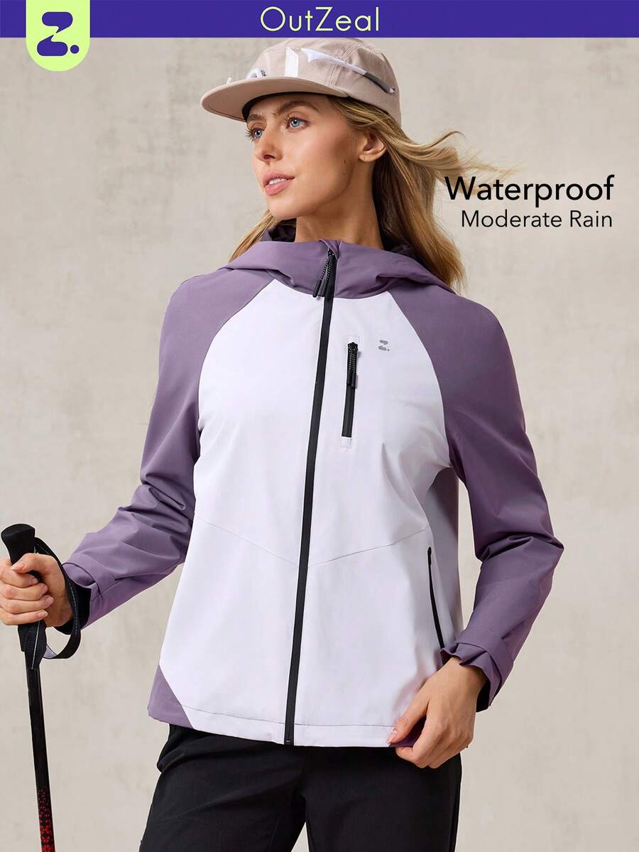OutZeal 女士冲锋衣，适合徒步露营，防水3层科技面料，撞色设计，带拉链口袋 - 紫色 - 查看 1