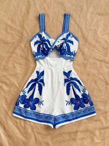 Soleia Women's Vacation Palm Tree Print Cutout Waist Jumpsuit Summer Outfit For Women Floral Jumpsuit Vacation Holiday  Casual Outfit For Women Summer Clothes Carnival, - Multicolor - View 3