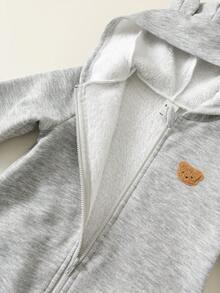 Cute Bear Design Fleece Hooded Jumpsuit, Comfortable Versatile Casual Stylish Daily Wear, Suitable For Indoor, Outdoor, Skiing, Sports, Party, Photography, Festival, Christmas, New Year, Autumn/Winter - Grey - View 5