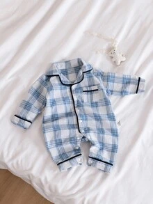 SHEIN 男婴蓝色格子舒适长袖连体睡衣