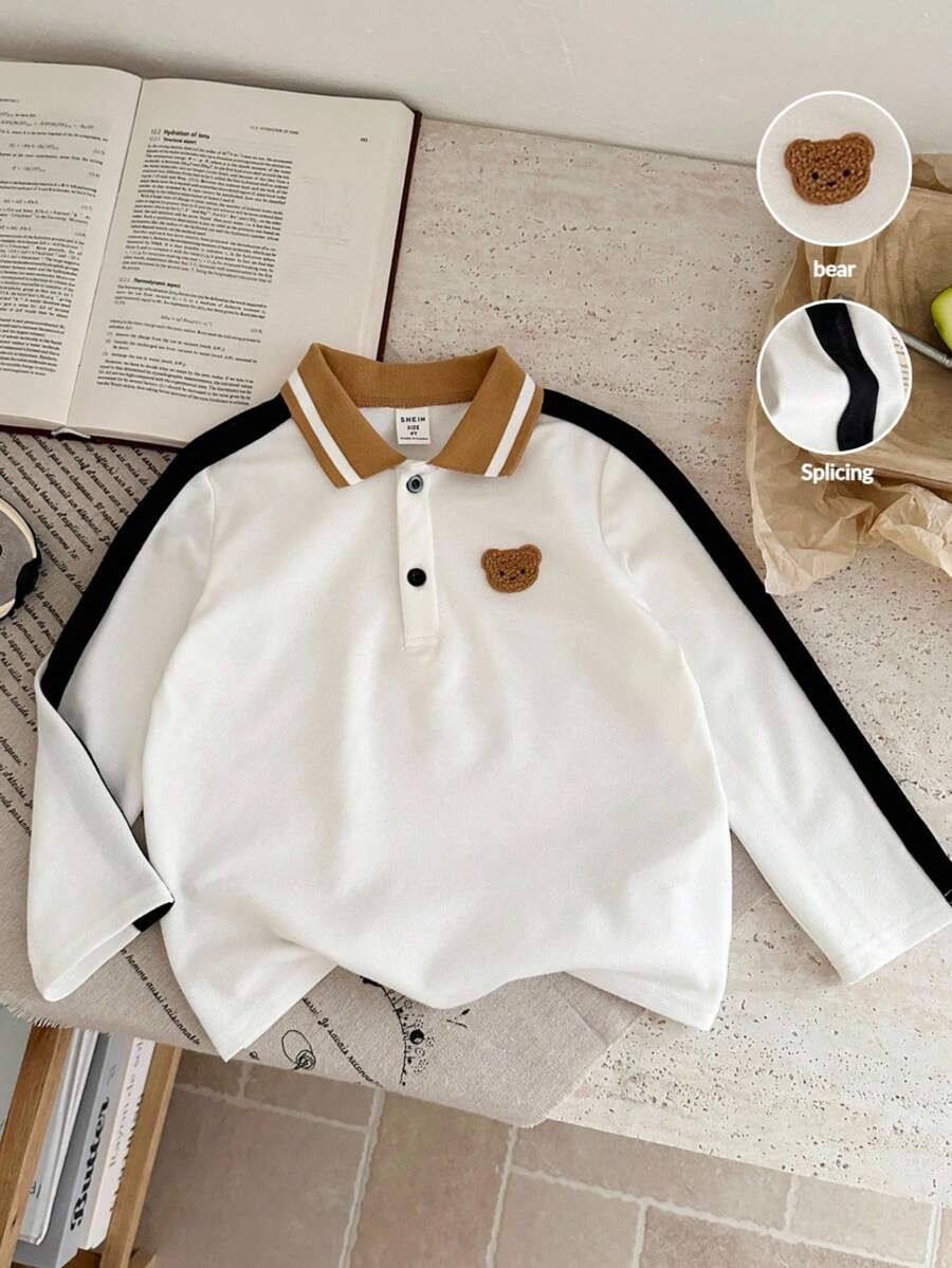 LMoss Kids LMoss 男童针织熊图案休闲 Polo 衫，长袖上衣，冬季服装，长袖，秋季，拼接长袖 Polo 衫，白色上衣，舒适的秋冬款式，秋冬服装