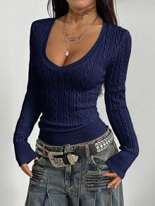 Coolane Women's Winter Vintage Preppy Y2K Daily Wear Going Out Renaissance Fair Club Outfits Navy Blue V-Neck Sweater,Fall,Fall Clothes For Women,Winter Clothes For Women - Royal Blue - View 4