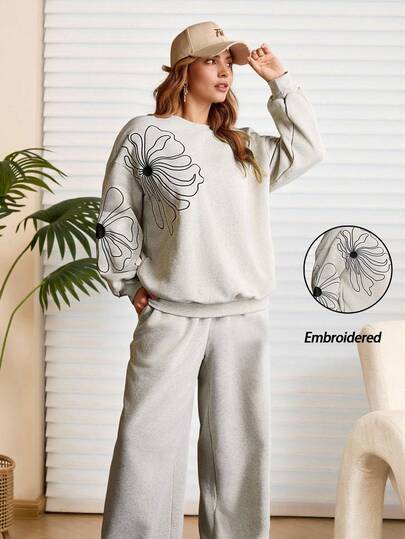 Rosumi 2 件大码女式休闲圆领长袖运动衫上衣和裤子套装，秋冬