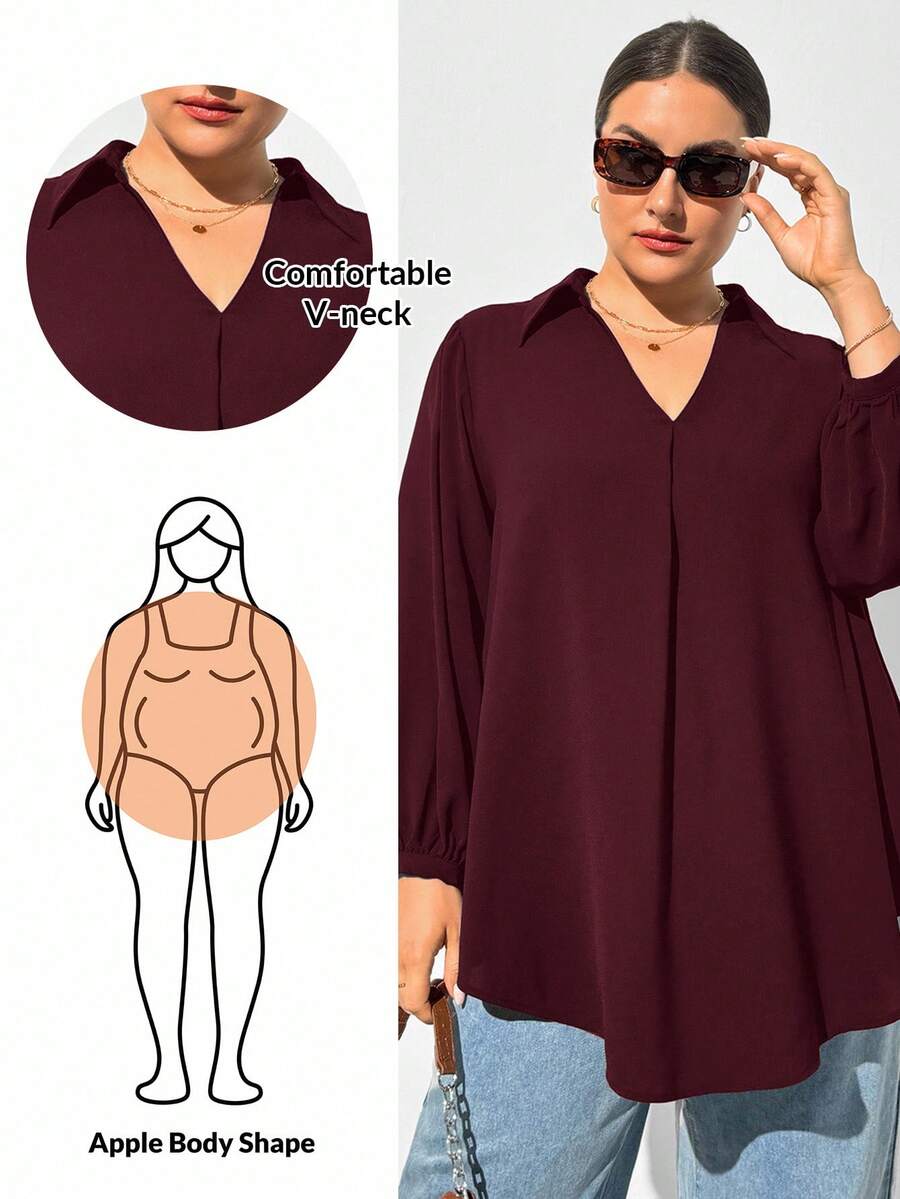 SHEIN Essnce Camisa de manga larga holgada y cómoda de cuello en V de color rojo púrpura para mujer talla grande, otoño e invierno, ropa de mujer, blusas de mujer, dinero viejo, casual de negocios, ropa de oficina para mujer, disfraces de mujer, blusas de mujer, regreso a casa, maestro, blusas de trabajo