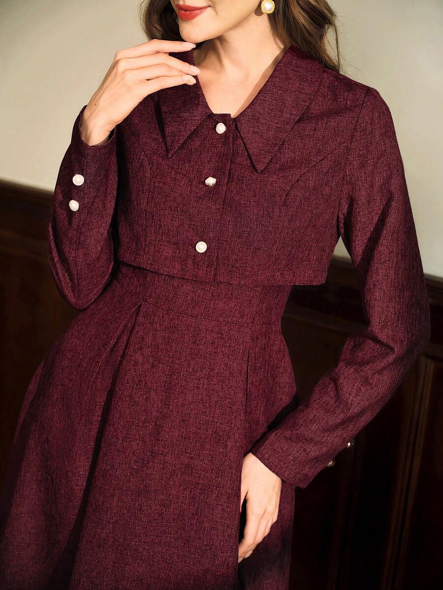 Vintamour Conjunto vintage elegante de 2 piezas para dama, vestido de tirantes con cuello cuadrado y línea A, y chaqueta corta de manga larga, con decoración de botones de perlas falsas - Burdeos - Ver 1