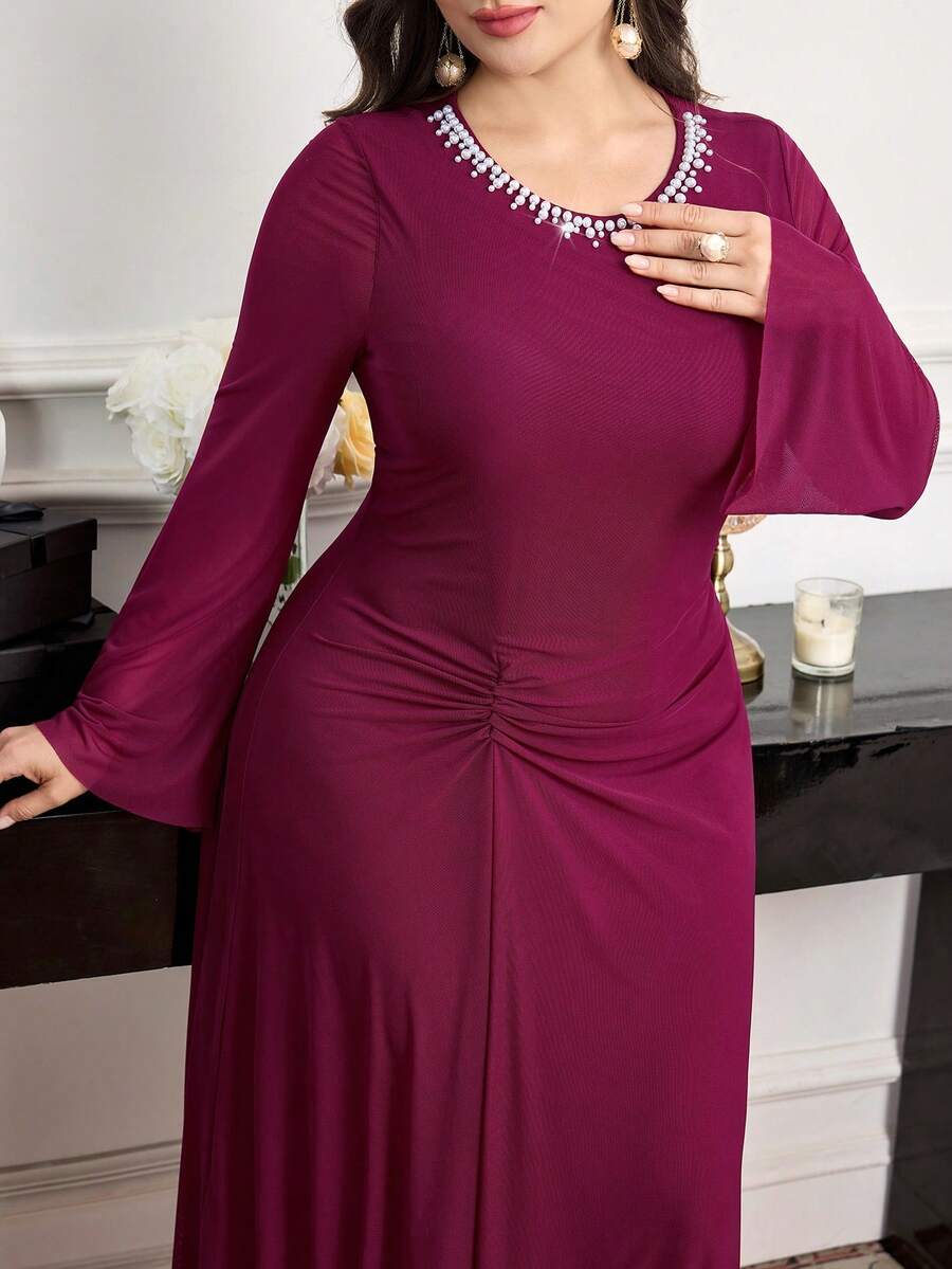 Modelyn 大码优雅仿珍珠串珠荷叶边喇叭袖连衣裙，秋季 - 紫色 - 查看 1