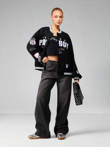 Missguided x Playboy Oversized Graphic Varsity Bomber Jacket With Patches And Ribbed Trim For Winter - Black - View 5