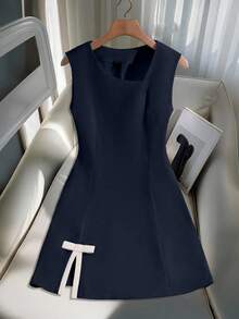 Franclia Elegant Navy Blue Mini Dress For Women Fitted Sleeveless Flared Hem Design Casual Style Navy Blue Elegant Dress Dark Blue Dress Bow Dress Mod Dress A Line Dress