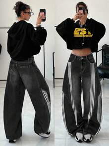 StreetHx 女士口袋条纹阔腿宽松休闲牛仔裤 - 黑色 - 查看 6