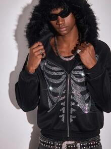 ROMWE MEN Street Life Unisex Rhinestone Embellished Skeleton Zip-Up Hooded Sweatshirt, Casual Street Style, Autumn/Winter, Long Sleeve Top - Black - View 8