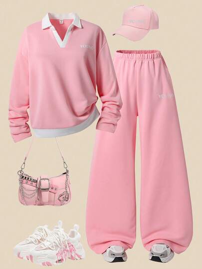 SHEIN Explorewe 两件套少女时尚休闲长袖V领字母印花卫衣搭配宽松侧袋直筒裤，适合圣诞节、万圣节、秋冬季穿着。