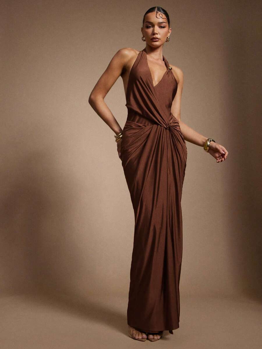 Hauture Women's Olive Green Satin Summer Night Out Front Cross Halter Long Dress - Brown - View 1