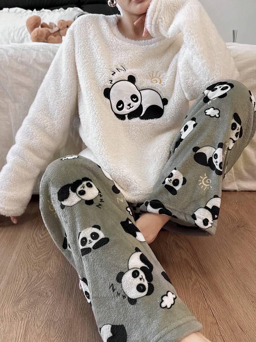 SHEIN Cartoon Panda Embroidered Fluffy Top And Flannel Printed Pajama Pants Set For Women, Cozy Winter Clothes