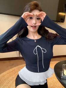 DAZY Women's Round Neck Long Sleeve Tie Design Patchwork Pleated Ruffle Hem Fashion T-Shirt - Navy Blue - View 6