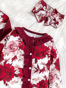 SHEIN 3 件套婴儿女孩优雅花卉印花长袖连体衣、头巾和披肩舒适家居服套装