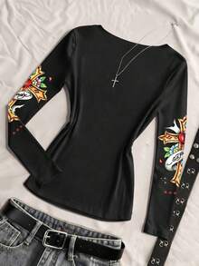 Glimmora Women's Casual V-Neck Long Sleeve T-Shirt With Angel Letter Print - Rust Brown - View 2