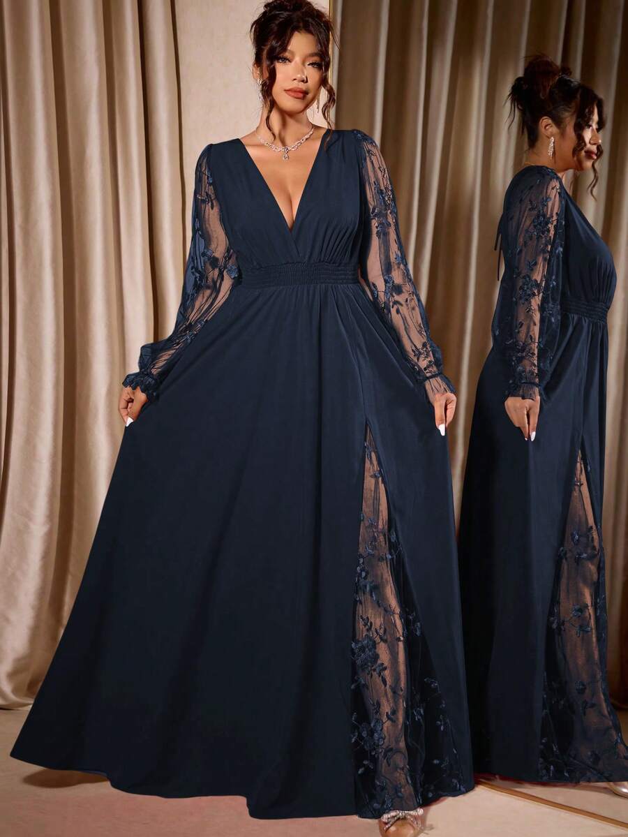 Cravure Plus Size Women's Elegant Deep V-Neck Lace Patchwork Long Sleeve High Slit Maxi Dress, Suitable For Graduation, Holidays, Valentine's Day, Christmas, Music Festivals, Mother's Day, Halloween, Thanksgiving, Easter, National Day, Balls, Dates, Parties, Weddings, Outdoor Trips, Etc. - Navy Blue - View 1