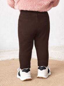 SHEIN Babygirl Elastic Waist Solid Color Knit Pants,Shades Of Brown,Winter,Casual,Work,Versatile All-Match Style For Outdoor,Sports,Play,Party,Photography - Coffee Brown - View 3