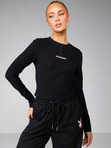 Missguided x Playboy 纽扣细节长袖上衣，胸前饰有品牌标识，适合日常休闲穿着 - 黑色 - 查看 3