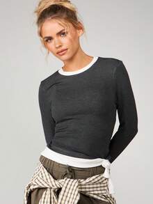MISSGUIDED Contrast Ribbed Long Sleeve Crew Neck Top With White Trim Detail For Casual Fall Winter Layering - Grey - View 6