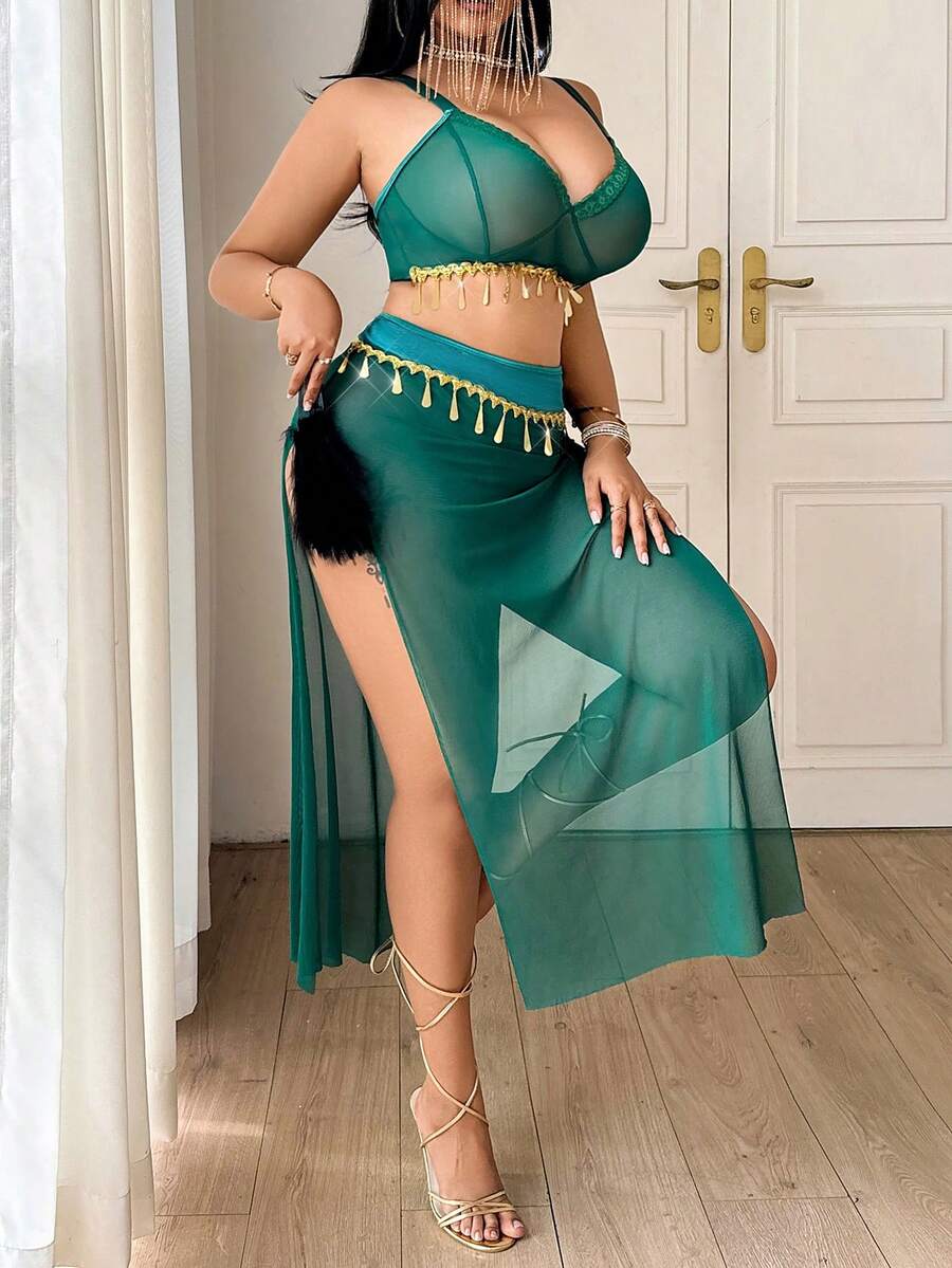 Plus Size Sexy Lingerie Mesh Belly Dancer Costume 3-Piece Set With Underwire Bra, Mini Skirt, And G-String - Dark Green - View 1