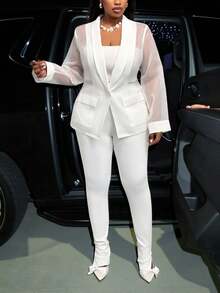 Slaydiva Noutăți Toamnă/Iarnă 2025 Haine pentru femei, Costume de Halloween pentru festivaluri de muzică, Rochii de ziua de naștere, Ținute casual de bază, Timp liber, Călătorii în croazieră, Plajă, Baie de soare, Hituri virale, Streetwear, Punk, Club, Blazer alb transparent din organza, model patchwork, cu pantaloni evazați mulați, Ținute de club sexy transparente, Seturi de lounge mărime mare