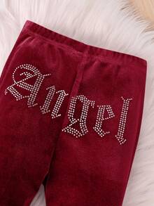 SHEIN Fashionable And Cute Baby Girl 2Pcs Sets Rhinestone Letter Pattern Velvet Hoodie & Flare Pants ,Sweatpants, Outfits,Cute & Casual & Vintage,Great For Casual & Daily Wear & School Daily In Summer & Autumn,For Christmas Baby Set Autumn Winter Season Girls Winter Outfit Sets Girls Clothes Sets Toddler Girl Two Piece Outfit Baby Girl Winter Sets - Burgundy - View 4
