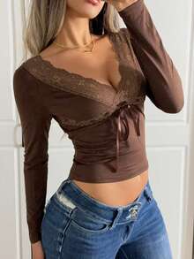 SHEIN EZwear 1 件女式 V 领长袖系带蕾丝 T 恤，时尚，秋季 - 棕色 - 查看 4