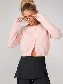 MISSGUIDED 女式短款纽扣开衫柔软毛线针织毛衣秋冬休闲长袖基本款学院风时尚上衣粉色 - 粉色 - 查看 4