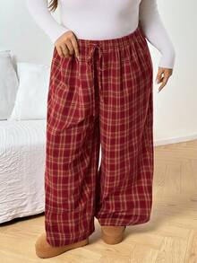 SHEIN CURVE+ Plus Size Women's Lace Up Checkered Straight Leg Loose Casual Pants, Red Checkered Christmas Pants Y2k Baggy
