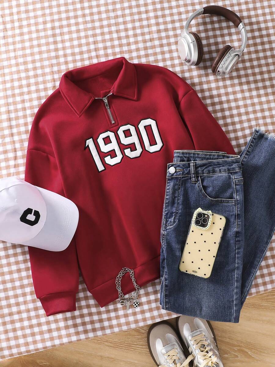 少女休闲街头风刺绣字母“1990”复古红色文字街头服饰Polo衫 - 酒紅色 - 查看 1