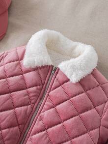 PrepCrw 1pc Young Girl Elegant College Style Casual Urban White Faux Fur Collar Pink Argyle Pattern Long Sleeve Winter Coat, Suitable For Outings, Gatherings, Back To School, Autumn/Winter
