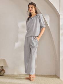 Ocili Comfortable Cotton Striped Drawstring Cropped Pants Women Pajama Set - Grey - View 5