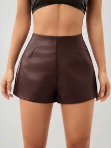 SHEIN PETITE Damen Shorts Vintage Burgund Sexy Leder PU Mini Shorts für Party, Halloween Outfits, Weihnachtsoutfits, Thanksgiving Outfits, Sexy Sirene Bürooutfits - Kaffeebraun - Übersicht 4