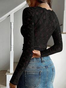 Rafferiza 女士法式浪漫蕾丝蝴蝶结性感上衣 - 黑色 - 查看 2