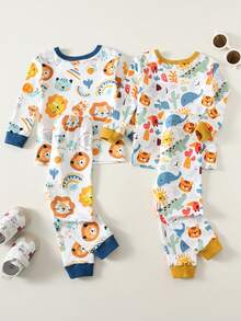 SHEIN 4pcs/Set Baby Boy Cute Casual Cartoon Pattern Colorblock Knit Long Sleeve Pajama Set, Basic Multi-Pack - Multicolor - View 2