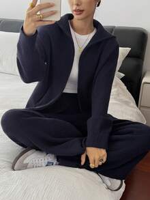 DAZY Women's Solid Color Drop Shoulder Long Sleeve Zip Front Cardigan And Knit Pants Casual 2-Piece Set, Autumn/Winter Hoodie - Blue - View 4