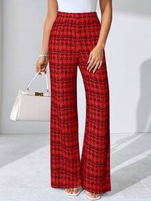 SHEIN Tall CURVE Quần dệt kim co giãn họa tiết kẻ caro thanh lịch dành cho nữ cỡ lớn mùa hè, phù hợp cho nhiều dịp khác nhau, thích hợp cho kỳ nghỉ hè, du lịch thanh lịch và đi làm hàng ngày - Đỏ - Xem 4