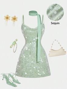 SHEIN MOD Vestido mini con escote pronunciado y lentejuelas de unicolor glamoroso para mujer - Verde - Ver 1