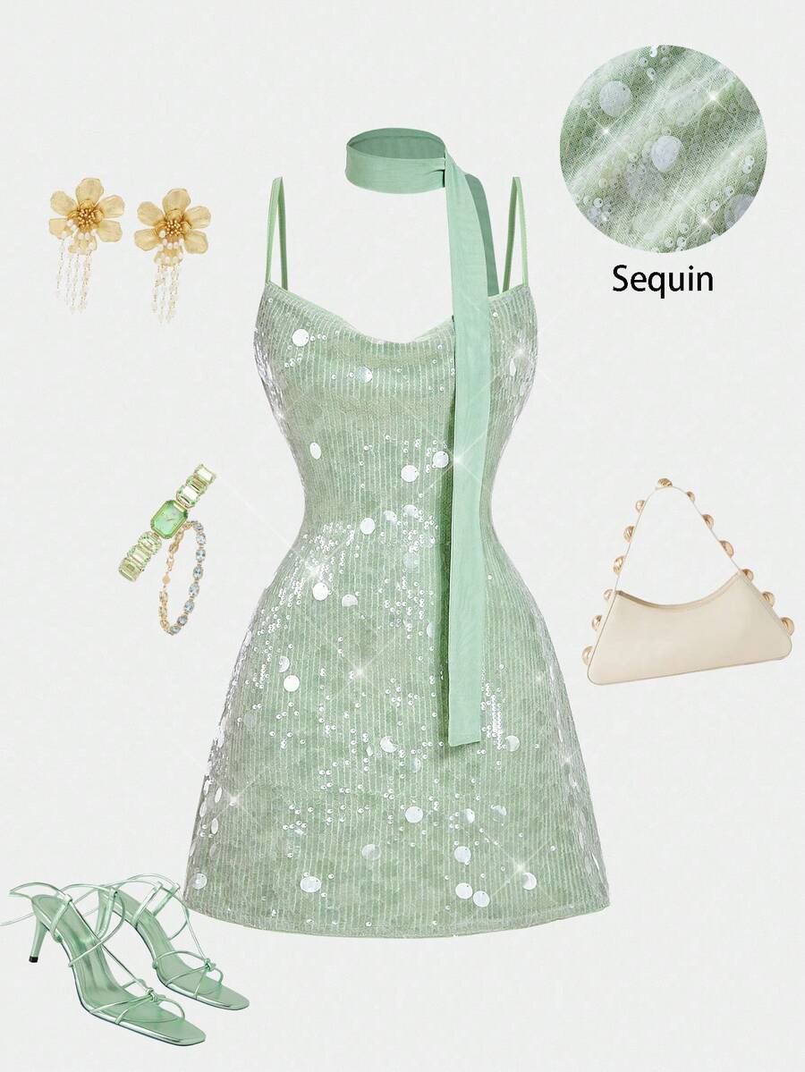 SHEIN MOD Vestido mini con escote pronunciado y lentejuelas de unicolor glamoroso para mujer - Verde - Ver 1
