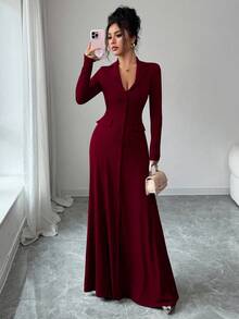 SHEIN Elenzya 女士标准尺码纯色罗纹修身优雅针织连衣裙，秋冬款 - 酒紅色 - 查看 3