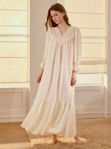 MOTF PREMIUM V-NECK FLARE SLEEVE LACE PANEL SMOCK SLEEP DRESS - Apricot - View 4