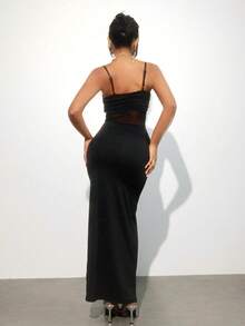 INAWLY Damen sexy Meerjungfrau Mesh Patchwork Ausschnitt Twist Taille figurbetontes Kleid - Schwarz - Übersicht 2