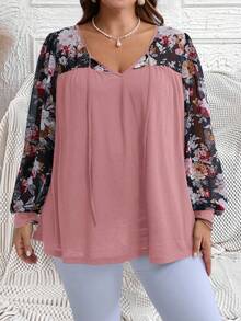 EMERY ROSE Plus Size Floral Print Patchwork T-Shirt, Casual Autumn/Winter