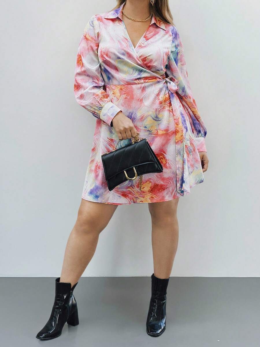 SHEIN Privé Plus Size Women Tie-Dye Print Side Knot Long Sleeve Casual Dress - Multicolor - View 1