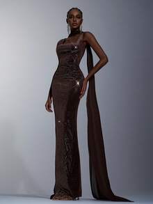 Elitara 2 chiếc váy dài đuôi cá lưng thấp bằng nhung không dây thanh lịch có tua rua trang trí bằng kim loại, thích hợp cho các buổi hẹn hò, kỳ nghỉ, tiệc độc thân, đám cưới, đi chơi, trà chiều, tiệc dành cho phụ nữ và các dịp khác - màu nâu - Xem 7