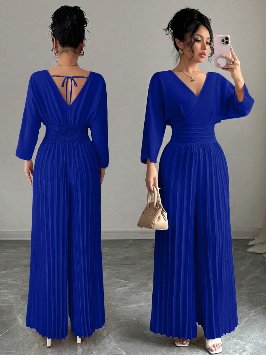 Rafferiza Women's Solid Color V-Neck Batwing Sleeve Pleated Wide Leg Elegant Jumpsuit Royal Elegant Jumpsuits Blue Long Jumpsuit Royal Blue Elegant Jumpsuit - Royal Blue - View 1