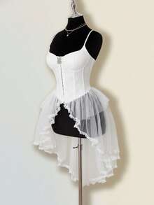 SHEIN ICON 女士提花吊带背心，性感宫廷风，适合派对和聚会，红色束身胸衣，红色薄纱高低摆束身胸衣，红色派对秋季女装，婚礼宾客女式上衣 - 白色 - 查看 3