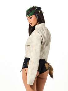 SUMWON WOMEN Cropped Corset Biker Jacket With Stand Collar And Front Zip Closure For Fall Winter Style - Black - View 2